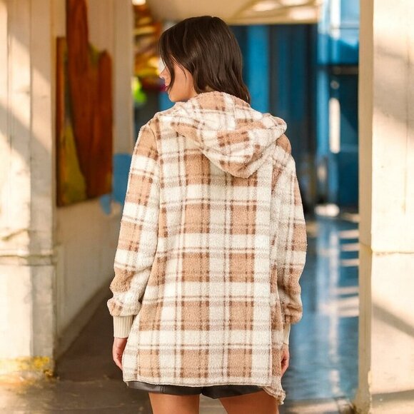 🆕️Boho Chic Plaid Fuzzy Hooded Jacket 100% Polyester Soft Plush Fall Layer Sz L - Picture 6 of 7